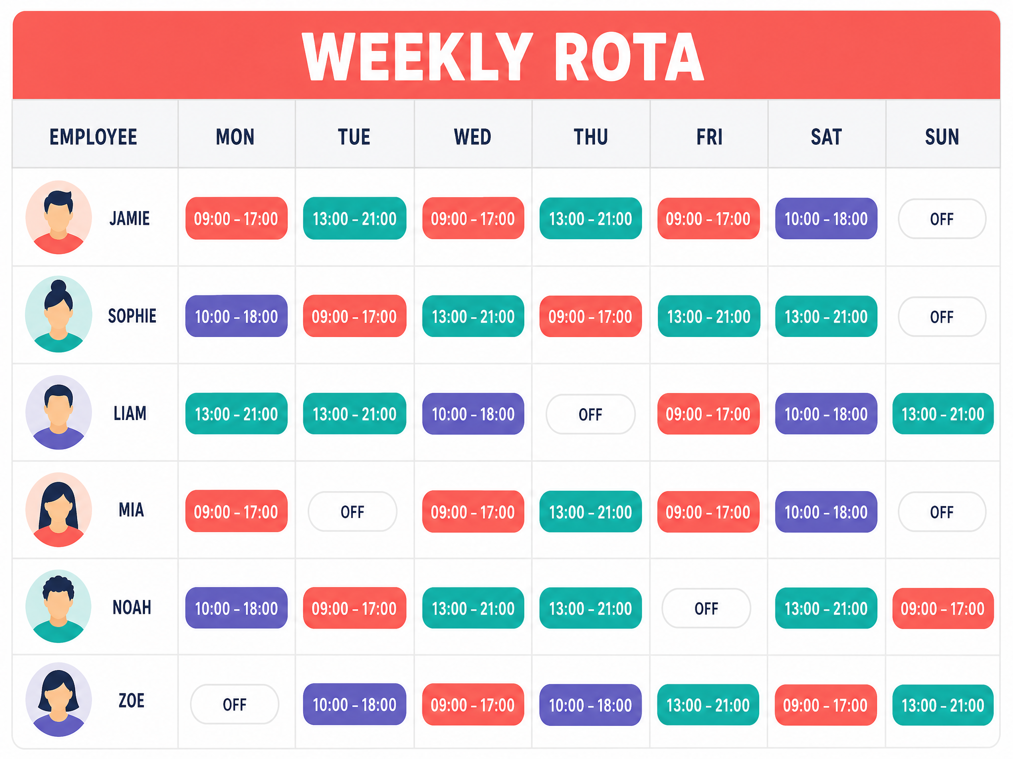 Rota grid — Employee × day grid, print and pin behind the counter.