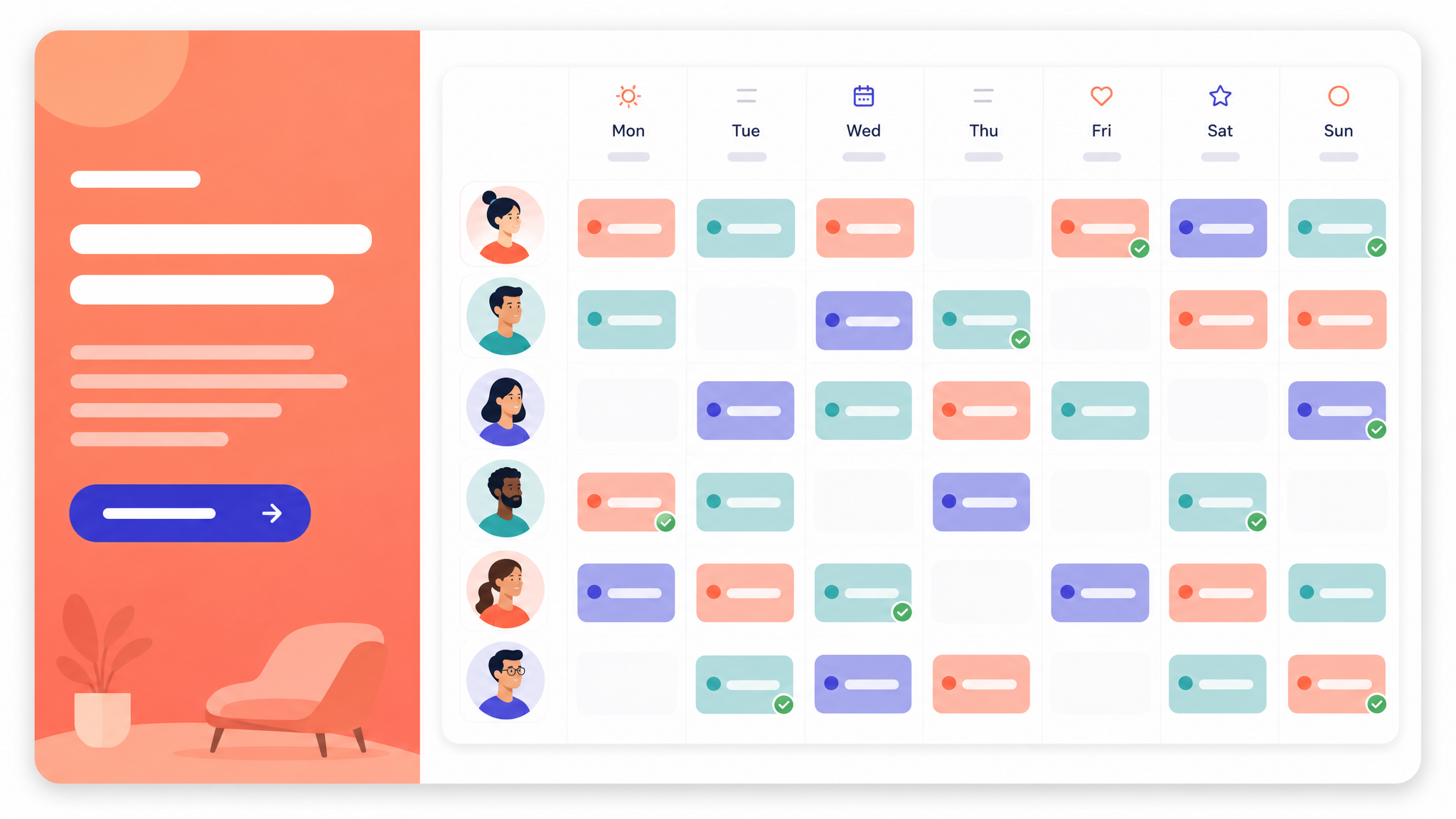 Shiftly product interface showing a weekly staff rota grid with coverage checks
